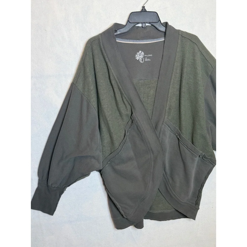 PILCRO Open Front Kimono Style Cardigan Olive Green L XL Balloon Sleeve Pockets - Picture 2 of 5